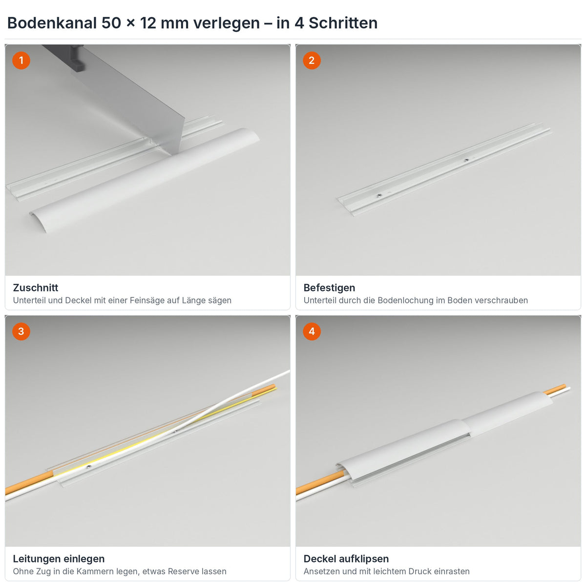 Bodenkanal 50×12 mm Grau verlegen in 4 Schritten: Zuschnitt, Verschrauben durch die Bodenlochung, Leitungen einlegen, Deckel aufklipsen – Paket 10 Stangen