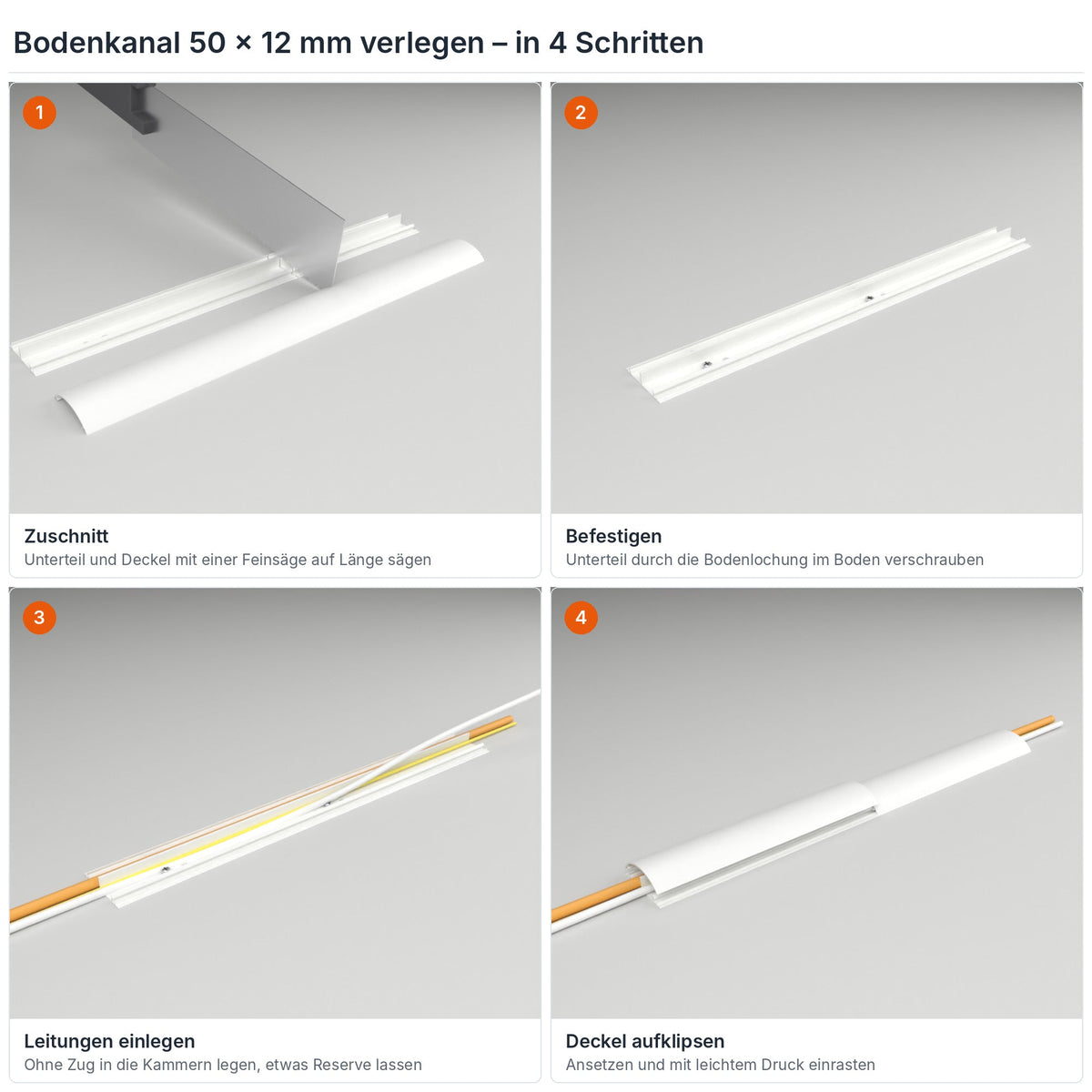 Bodenkanal 50×12 mm Weiß verlegen in 4 Schritten: Zuschnitt, Verschrauben durch die Bodenlochung, Leitungen einlegen, Deckel aufklipsen – Paket 10 Stangen