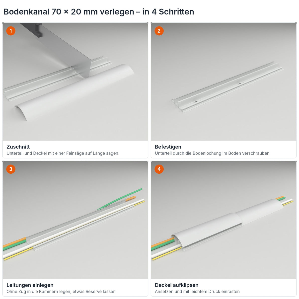 Bodenkanal 70×20 mm Grau verlegen in 4 Schritten: Zuschnitt, Verschrauben durch die Bodenlochung, Leitungen einlegen, Deckel aufklipsen – Paket 10 Stangen