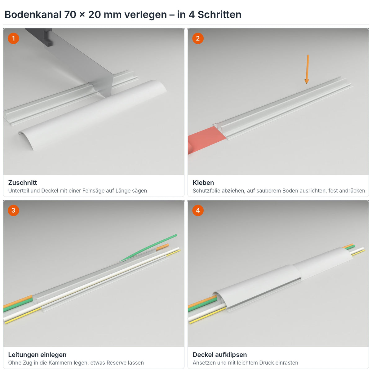 Bodenkanal 70×20 mm Grau verlegen in 4 Schritten: Zuschnitt, Kleben mit dem Klebestreifen, Leitungen einlegen, Deckel aufklipsen – Paket 10 Stangen