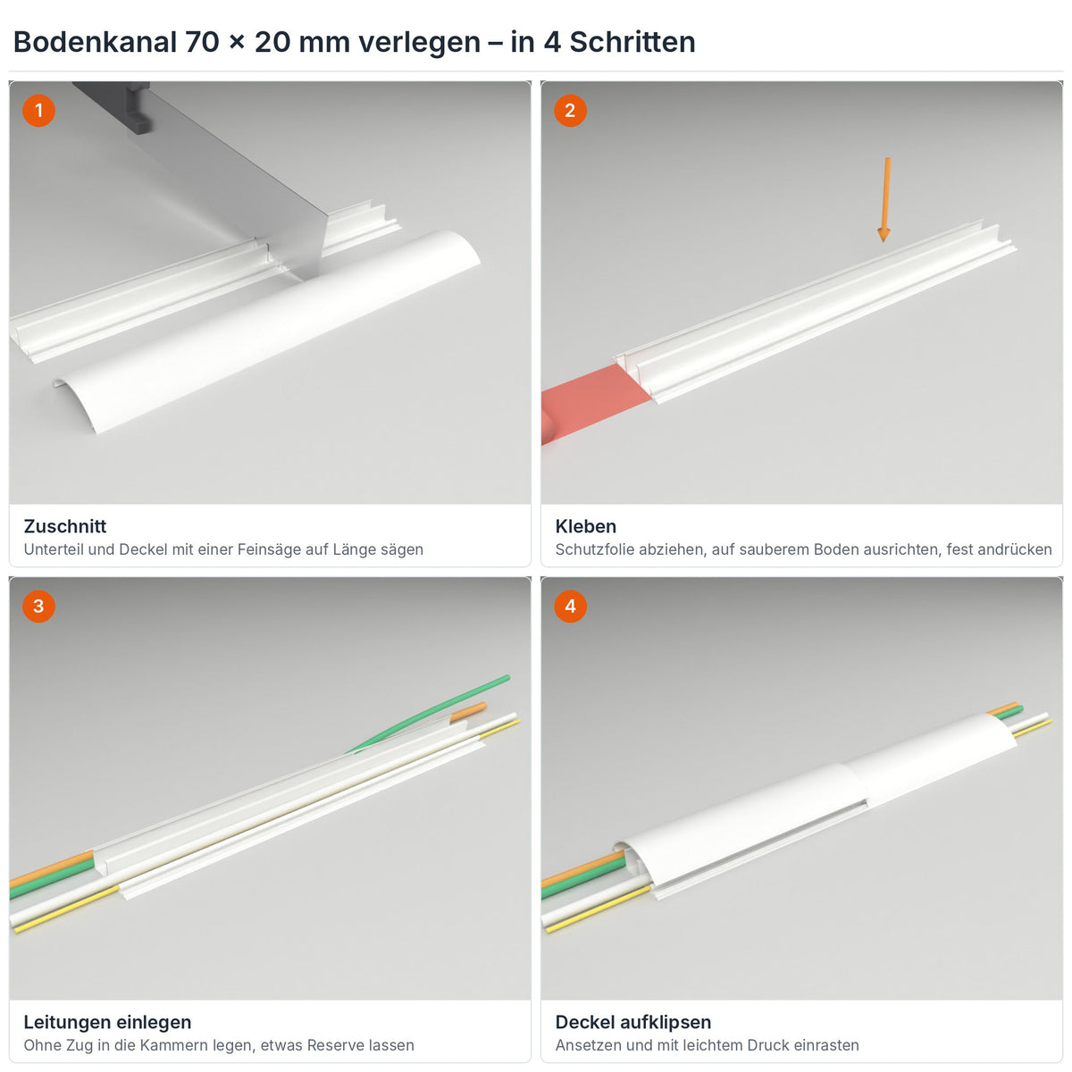 Bodenkanal 70×20 mm Weiß verlegen in 4 Schritten: Zuschnitt, Kleben mit dem Klebestreifen, Leitungen einlegen, Deckel aufklipsen – Paket 10 Stangen
