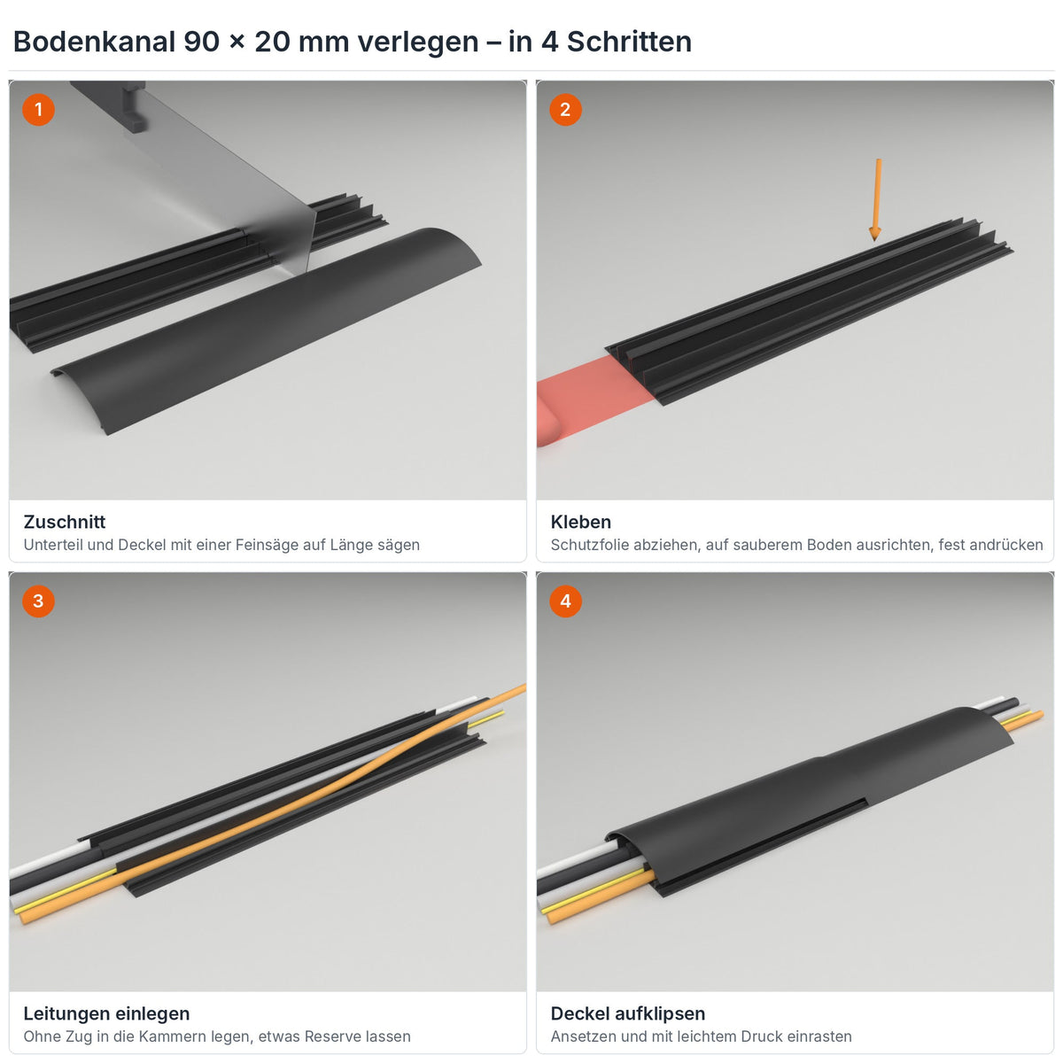 Bodenkanal 90×20 mm Schwarz verlegen in 4 Schritten: Zuschnitt, Kleben mit dem Klebestreifen, Leitungen einlegen, Deckel aufklipsen – Paket 20 Stangen