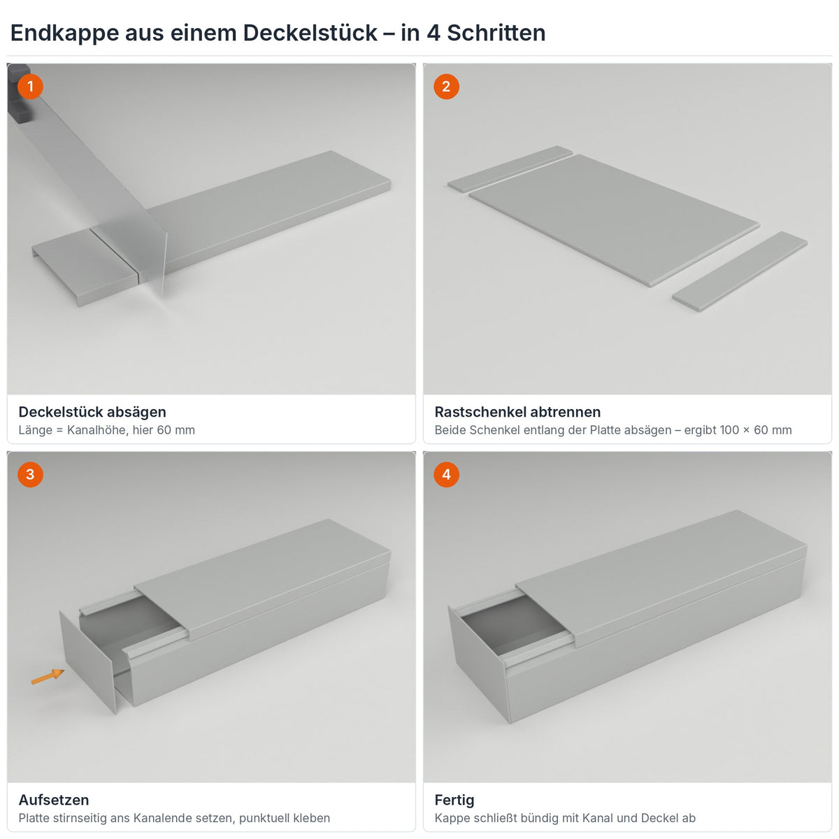 Endkappe für Kabelkanal 100×60 mm aus einem Deckelstück selbst herstellen – in 4 Schritten – Paket 20 Stangen