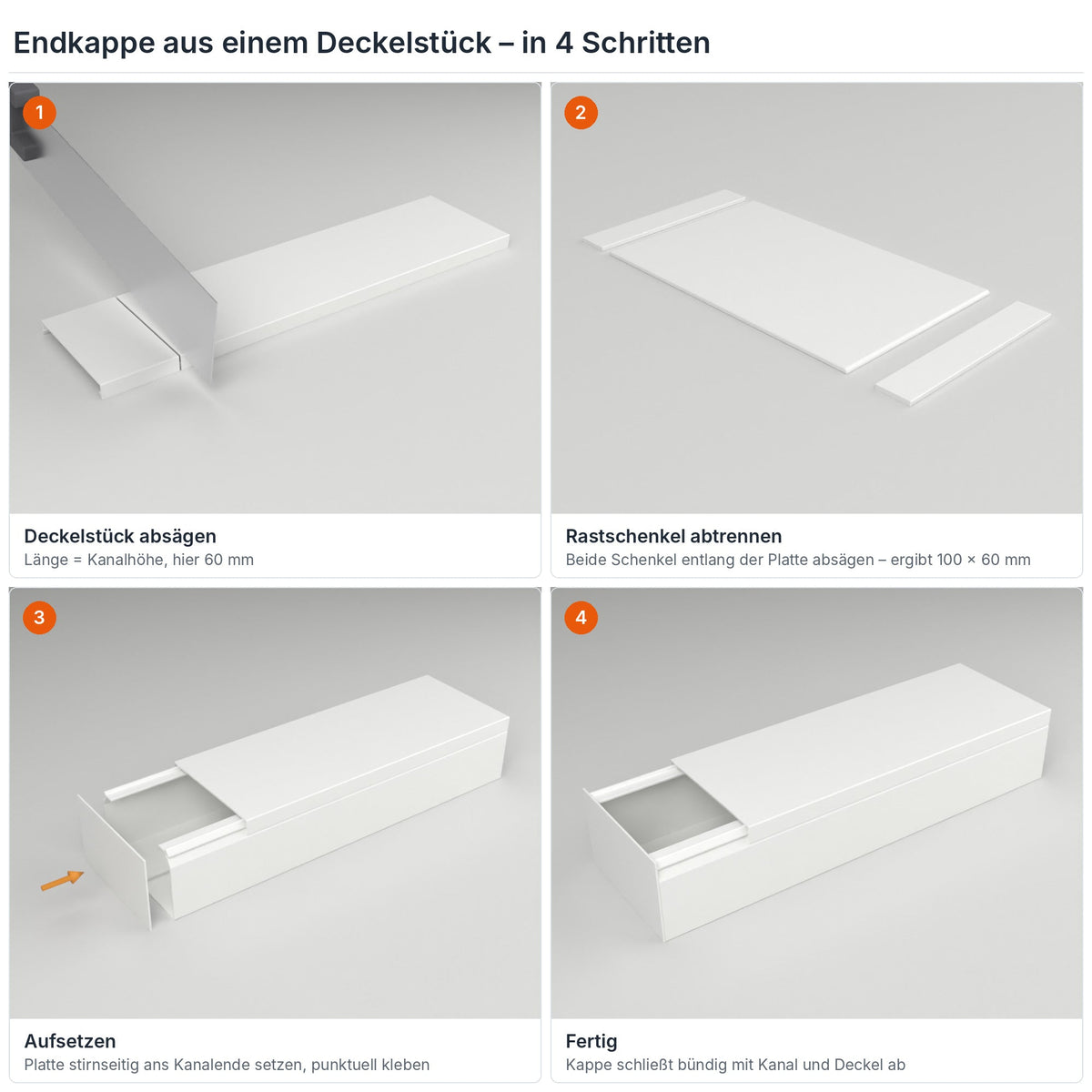 Endkappe für Kabelkanal 100×60 mm aus einem Deckelstück selbst herstellen – in 4 Schritten – Paket 20 Stangen