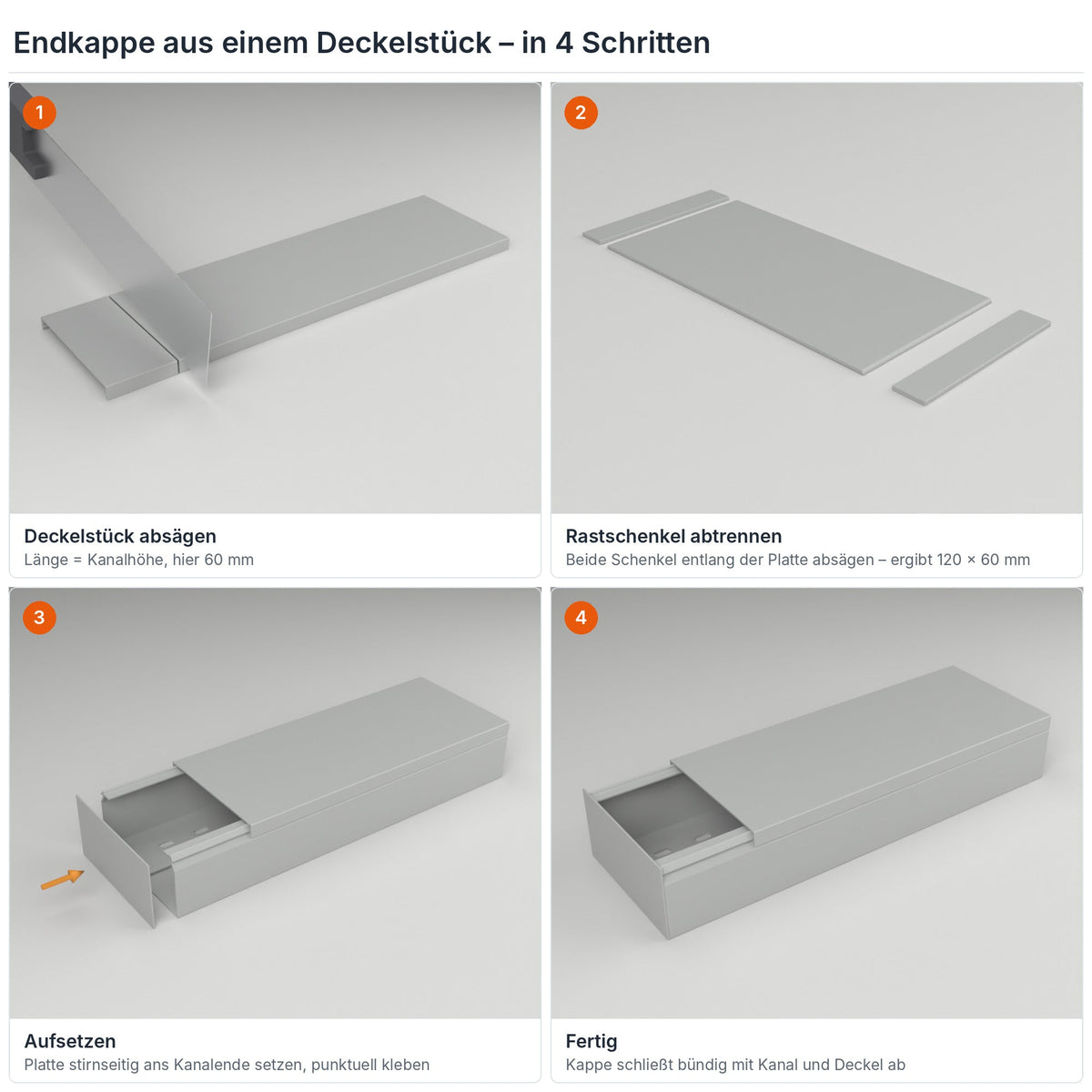 Endkappe für Kabelkanal 120×60 mm aus einem Deckelstück selbst herstellen – in 4 Schritten – Paket 20 Stangen