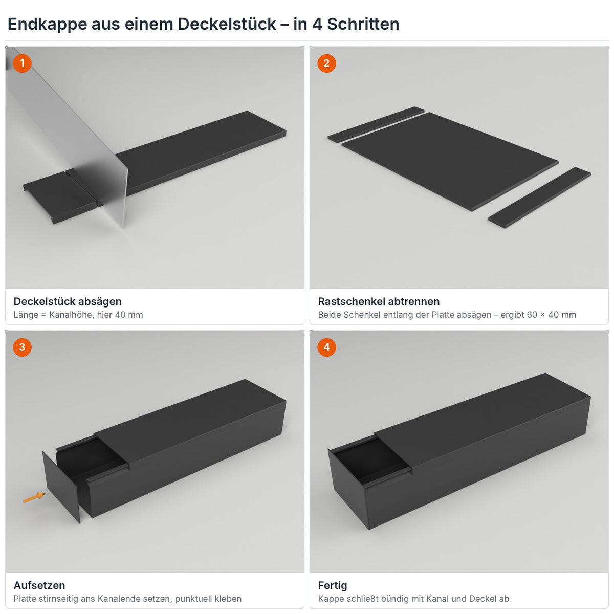 Endkappe für Kabelkanal 60×40 mm aus einem Deckelstück selbst herstellen – in 4 Schritten – Paket 10 Stangen