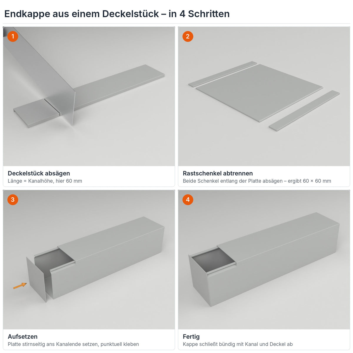 Endkappe für Kabelkanal 60×60 mm aus einem Deckelstück selbst herstellen – in 4 Schritten – Paket 20 Stangen