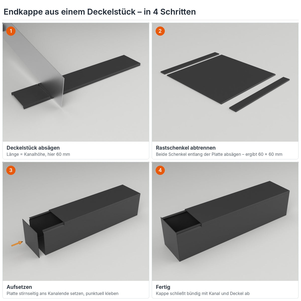 Endkappe für Kabelkanal 60×60 mm aus einem Deckelstück selbst herstellen – in 4 Schritten – Paket 20 Stangen