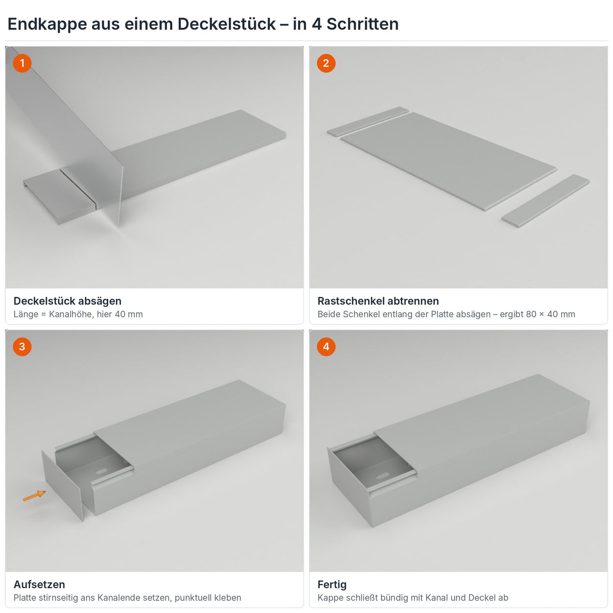 Endkappe für Kabelkanal 80×40 mm aus einem Deckelstück selbst herstellen – in 4 Schritten – Paket 10 Stangen