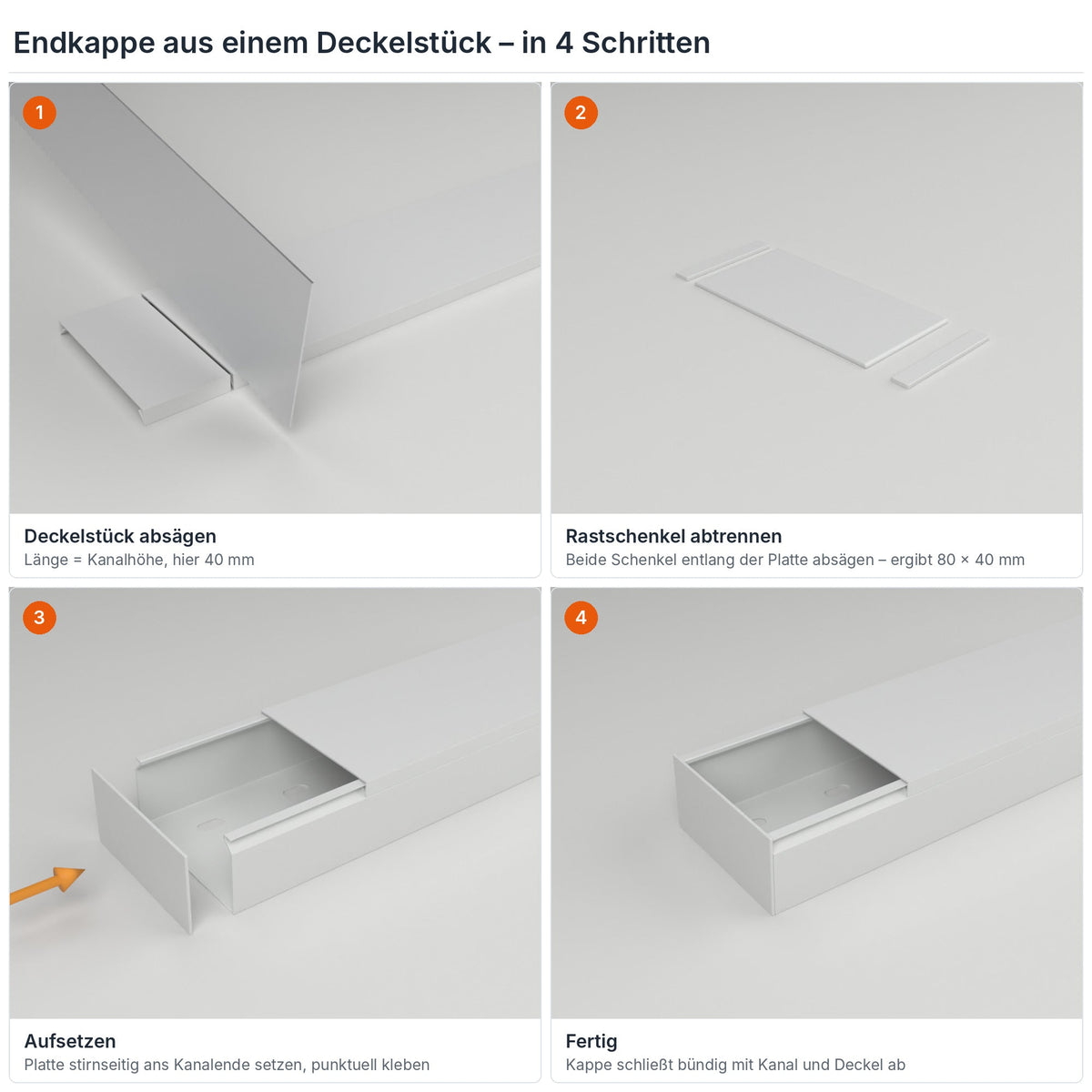 Endkappe für Kabelkanal 80×40 mm aus einem Deckelstück selbst herstellen – in 4 Schritten – Paket 20 Stangen