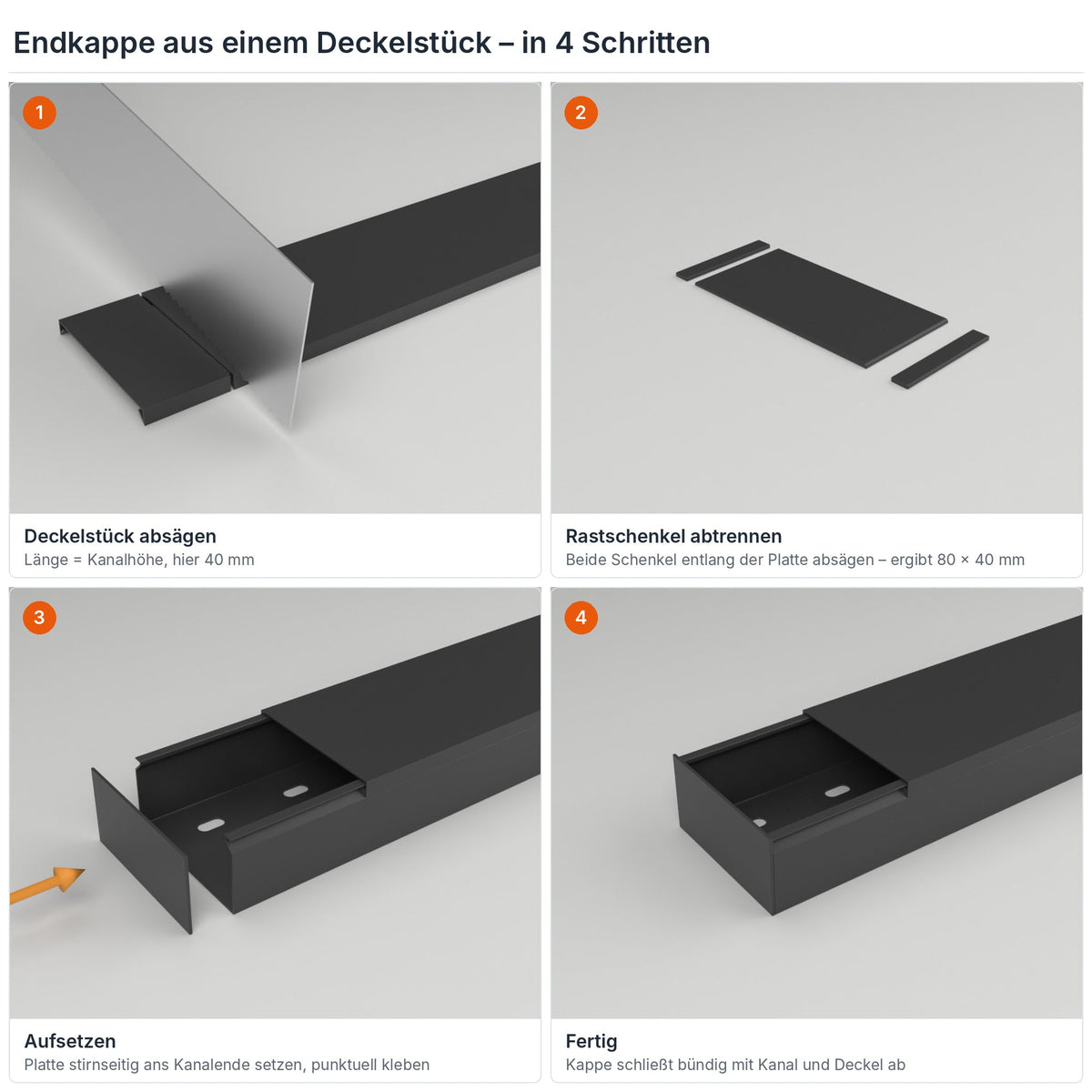 Endkappe für Kabelkanal 80×40 mm aus einem Deckelstück selbst herstellen – in 4 Schritten – Paket 10 Stangen