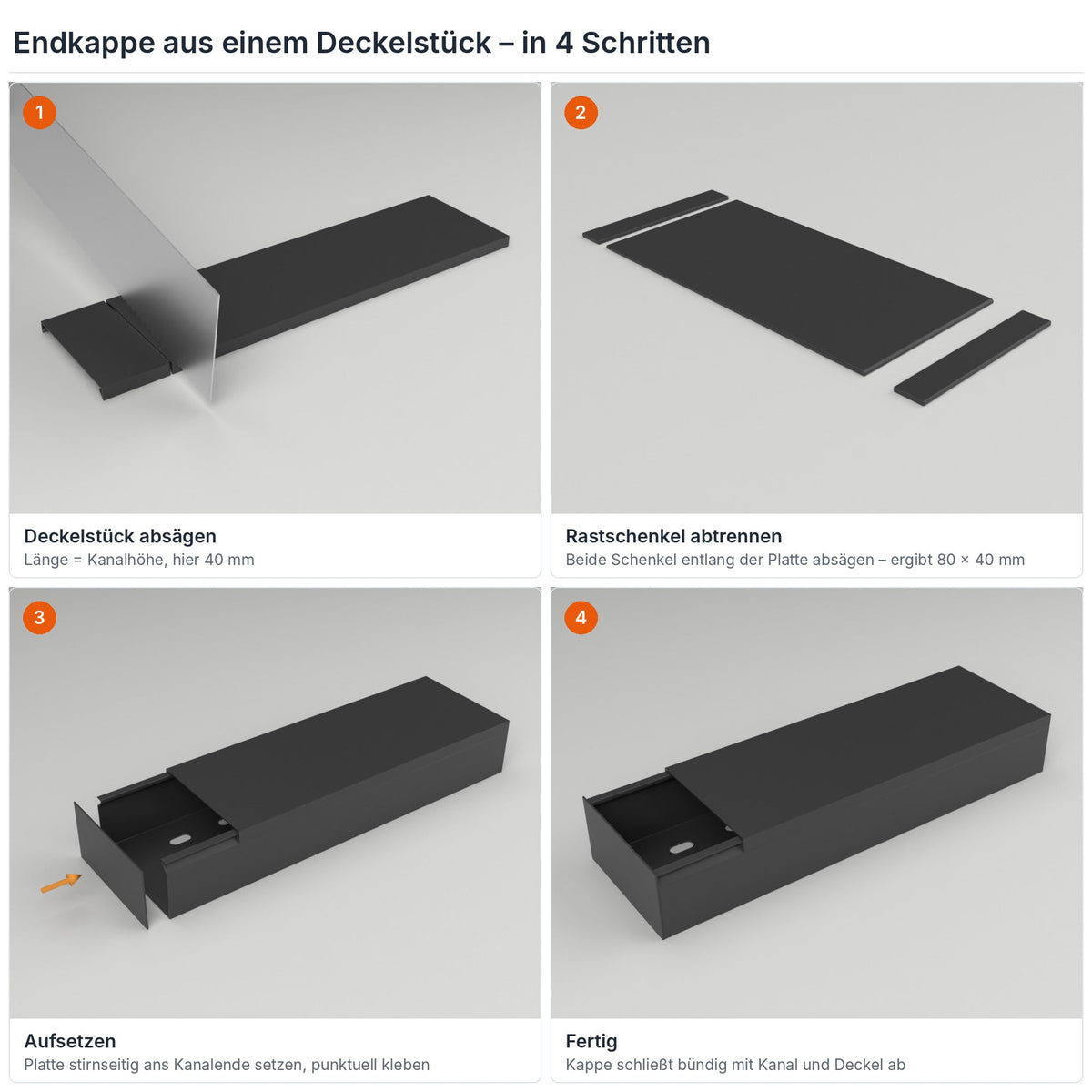 Endkappe für Kabelkanal 80×40 mm aus einem Deckelstück selbst herstellen – in 4 Schritten – Paket 10 Stangen