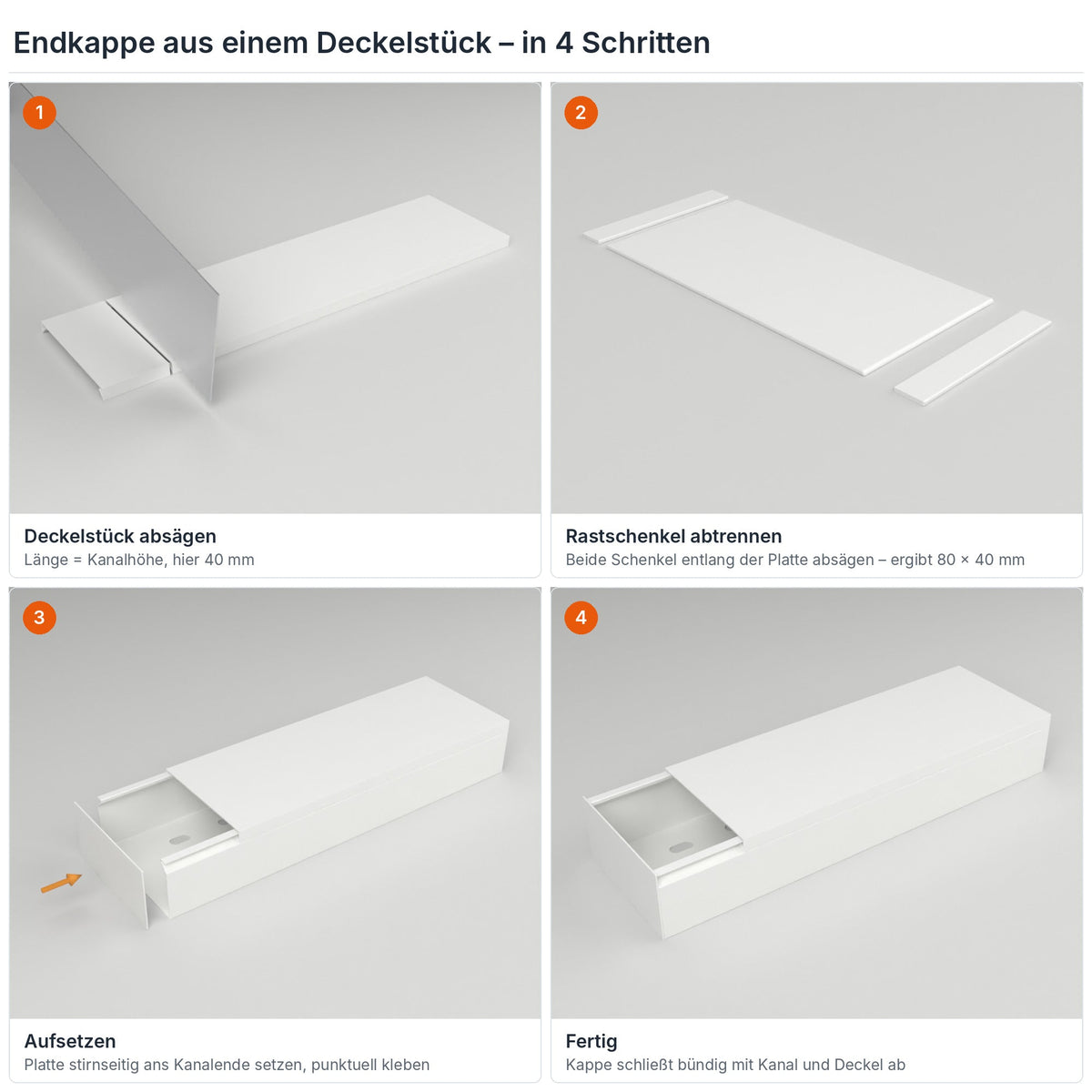 Endkappe für Kabelkanal 80×40 mm aus einem Deckelstück selbst herstellen – in 4 Schritten – Paket 10 Stangen