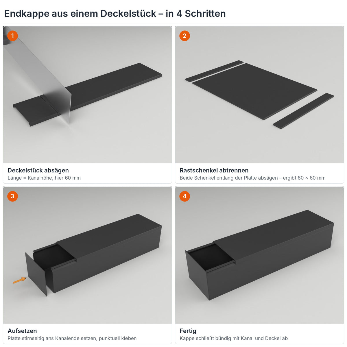 Endkappe für Kabelkanal 80×60 mm aus einem Deckelstück selbst herstellen – in 4 Schritten – Paket 20 Stangen
