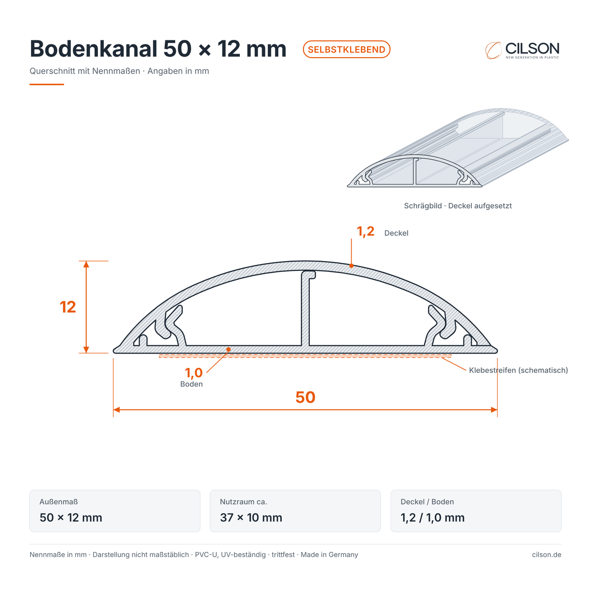 Maßskizze CILSON Bodenkanal 50×12 mm selbstklebend – Querschnitt mit Außenmaß 50 × 12 mm, Nutzraum ca. 37 × 10 mm, Deckel 1,2 mm, Boden 1,0 mm, Klebestreifen schematisch – Paket 10 Stangen
