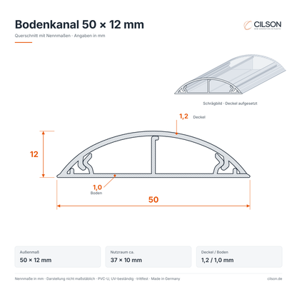Maßskizze CILSON Bodenkanal 50×12 mm – Querschnitt mit Außenmaß 50 × 12 mm, Nutzraum ca. 37 × 10 mm, Deckel 1,2 mm, Boden 1,0 mm – Paket 20 Stangen