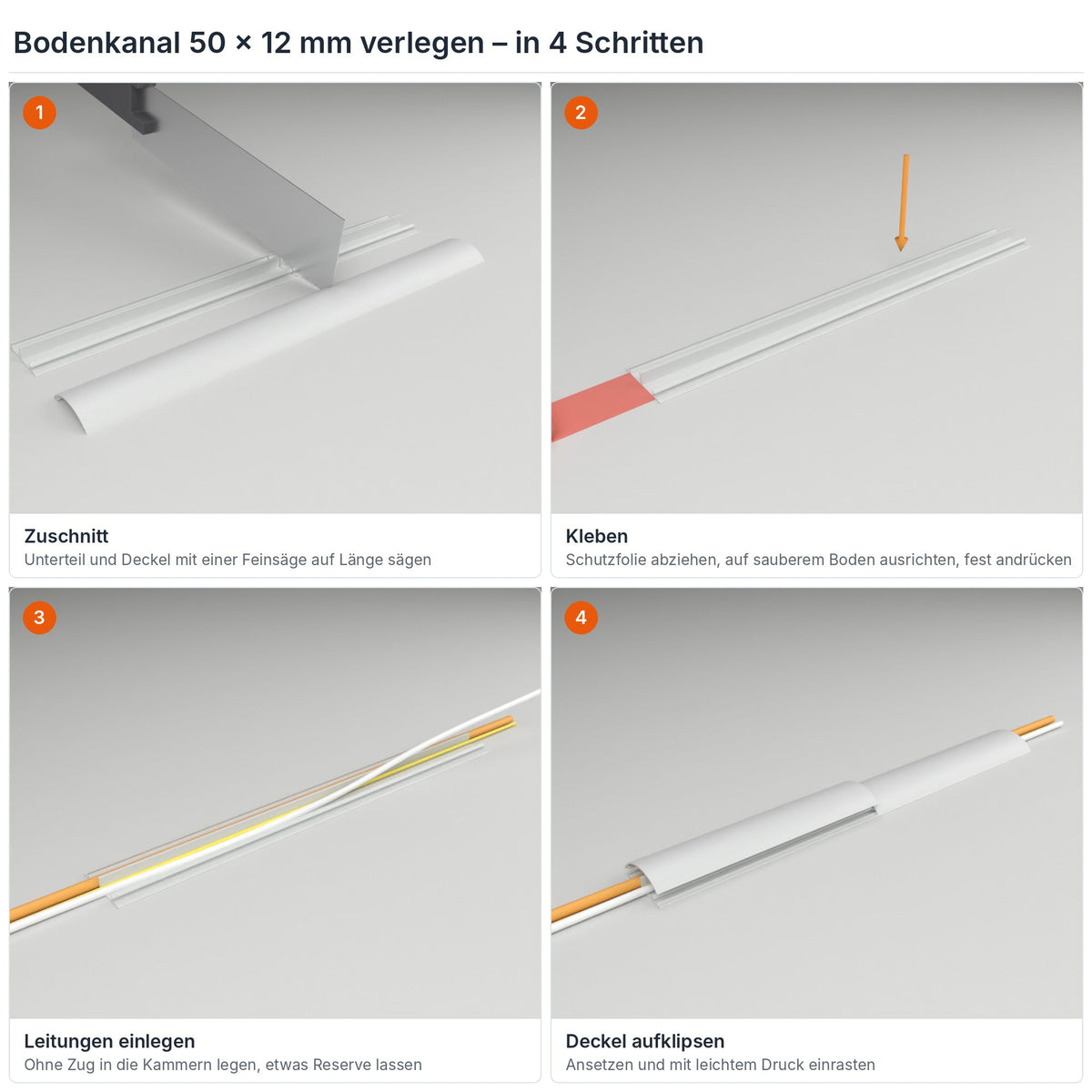 Bodenkanal 50×12 mm Grau verlegen in 4 Schritten: Zuschnitt, Kleben mit dem Klebestreifen, Leitungen einlegen, Deckel aufklipsen – Paket 20 Stangen