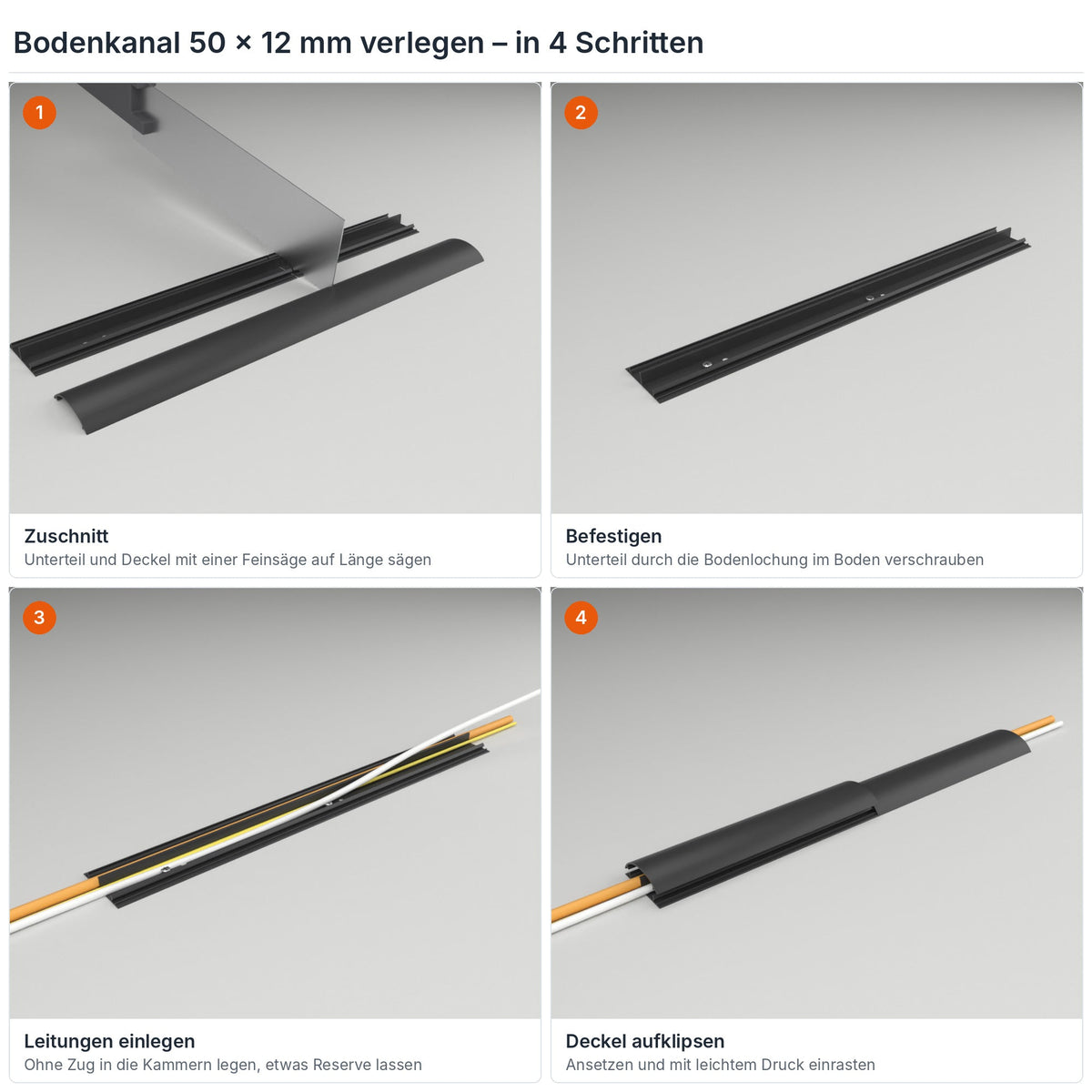 Bodenkanal 50×12 mm Schwarz verlegen in 4 Schritten: Zuschnitt, Verschrauben durch die Bodenlochung, Leitungen einlegen, Deckel aufklipsen – Paket 20 Stangen