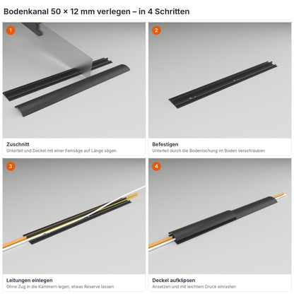 Bodenkanal 50×12 mm Schwarz verlegen in 4 Schritten: Zuschnitt, Verschrauben durch die Bodenlochung, Leitungen einlegen, Deckel aufklipsen – Paket 20 Stangen