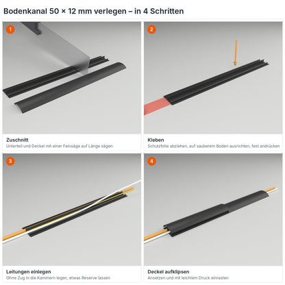 Bodenkanal 50×12 mm Schwarz verlegen in 4 Schritten: Zuschnitt, Kleben mit dem Klebestreifen, Leitungen einlegen, Deckel aufklipsen – Paket 20 Stangen