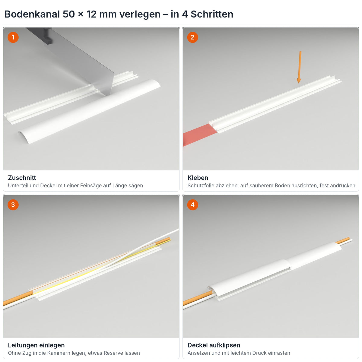 Bodenkanal 50×12 mm Weiß verlegen in 4 Schritten: Zuschnitt, Kleben mit dem Klebestreifen, Leitungen einlegen, Deckel aufklipsen – Paket 10 Stangen