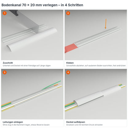 Bodenkanal 70×20 mm Grau verlegen in 4 Schritten: Zuschnitt, Kleben mit dem Klebestreifen, Leitungen einlegen, Deckel aufklipsen – Paket 10 Stangen