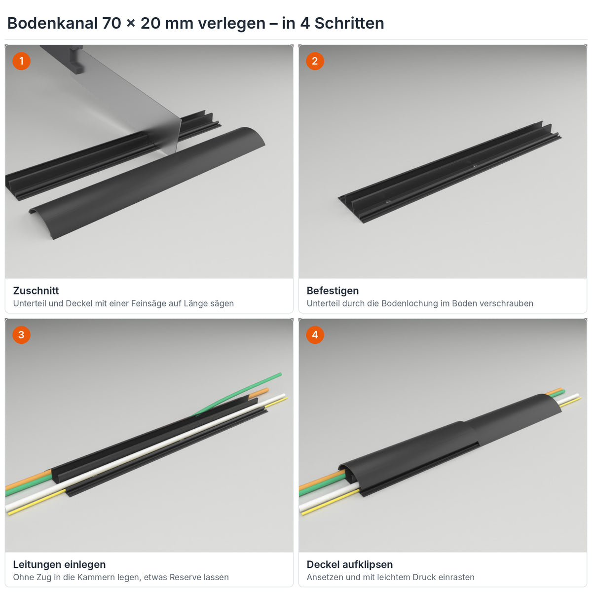 Bodenkanal 70×20 mm Schwarz verlegen in 4 Schritten: Zuschnitt, Verschrauben durch die Bodenlochung, Leitungen einlegen, Deckel aufklipsen