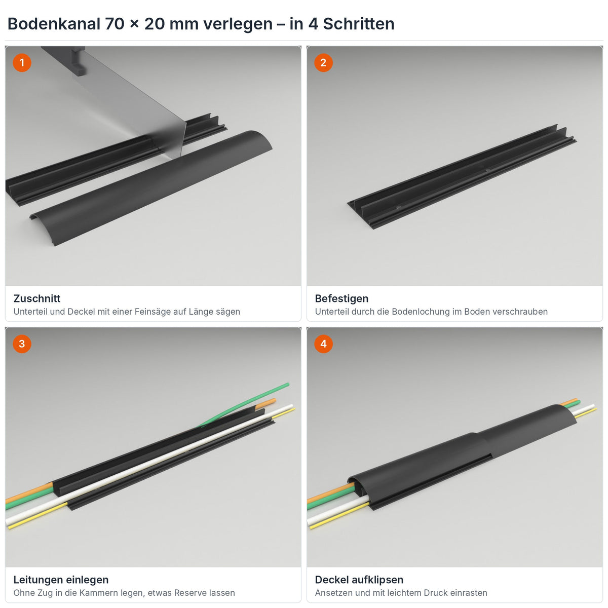 Bodenkanal 70×20 mm Schwarz verlegen in 4 Schritten: Zuschnitt, Verschrauben durch die Bodenlochung, Leitungen einlegen, Deckel aufklipsen – Paket 10 Stangen