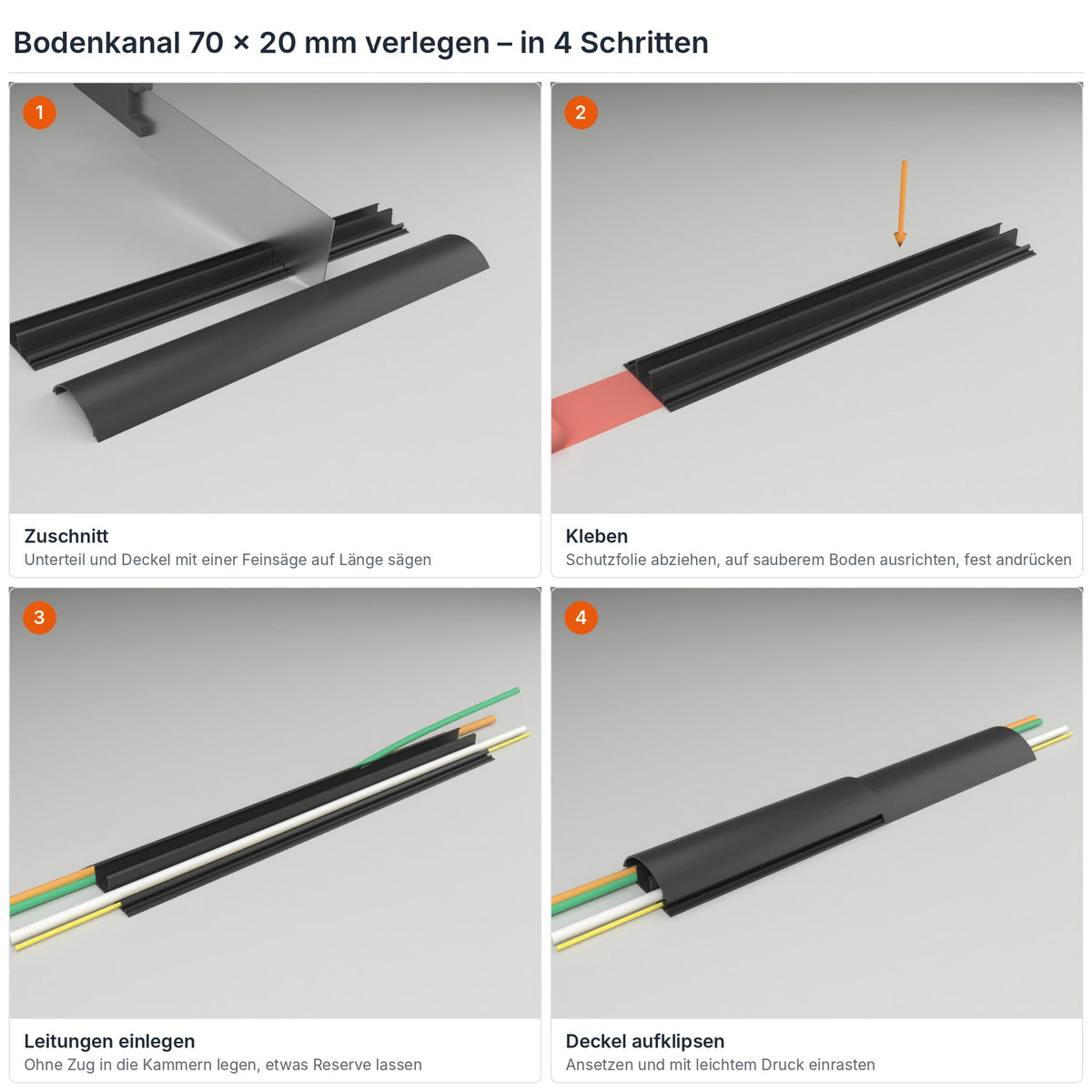 Bodenkanal 70×20 mm Schwarz verlegen in 4 Schritten: Zuschnitt, Kleben mit dem Klebestreifen, Leitungen einlegen, Deckel aufklipsen – Paket 20 Stangen