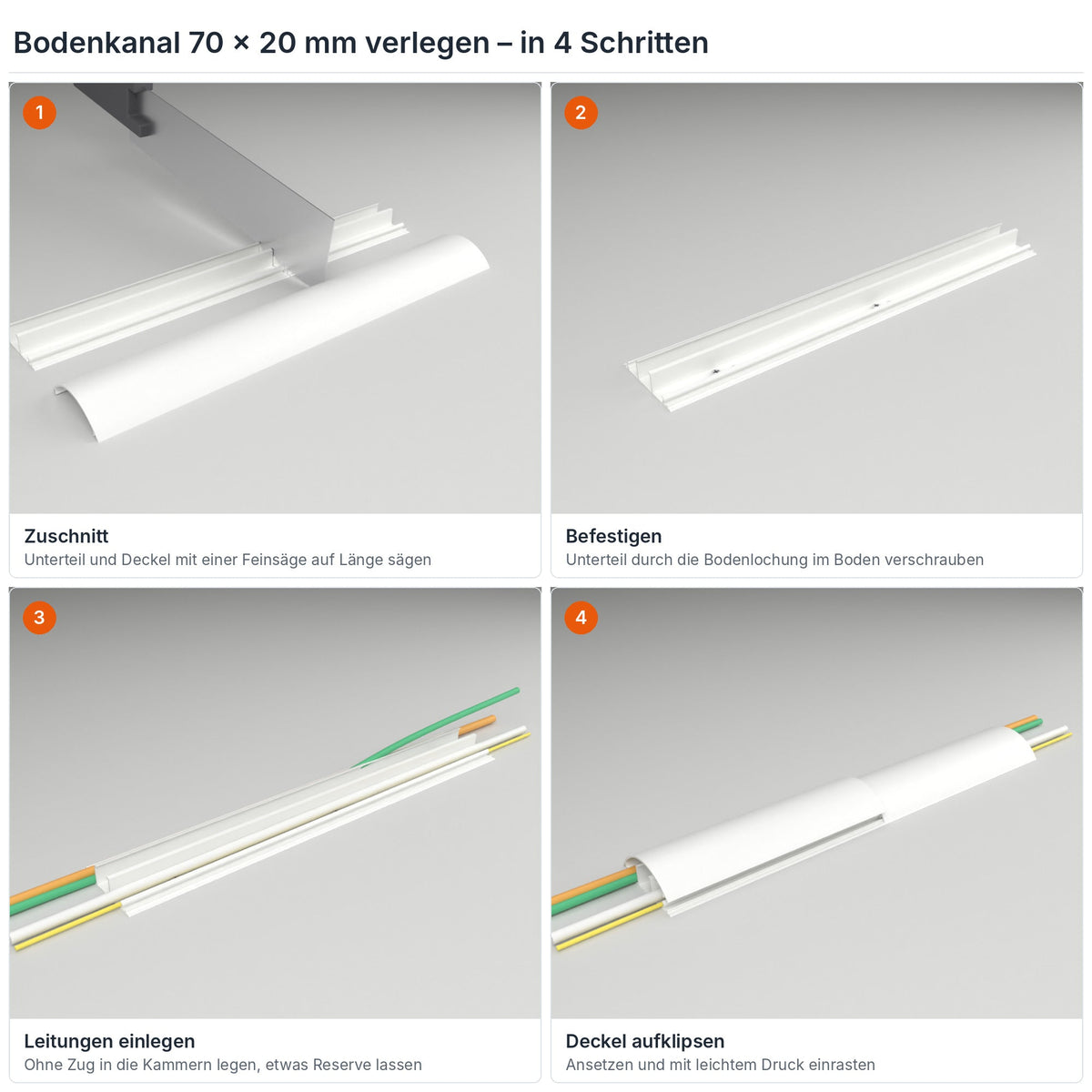Bodenkanal 70×20 mm Weiß verlegen in 4 Schritten: Zuschnitt, Verschrauben durch die Bodenlochung, Leitungen einlegen, Deckel aufklipsen – Paket 20 Stangen