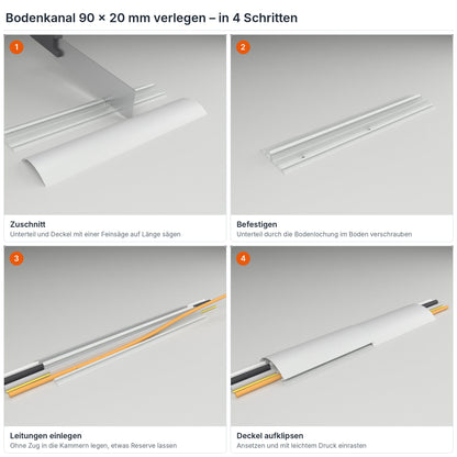 Bodenkanal 90×20 mm Grau verlegen in 4 Schritten: Zuschnitt, Verschrauben durch die Bodenlochung, Leitungen einlegen, Deckel aufklipsen – Paket 10 Stangen