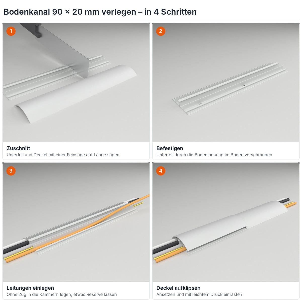 Bodenkanal 90×20 mm Grau verlegen in 4 Schritten: Zuschnitt, Verschrauben durch die Bodenlochung, Leitungen einlegen, Deckel aufklipsen – Paket 20 Stangen