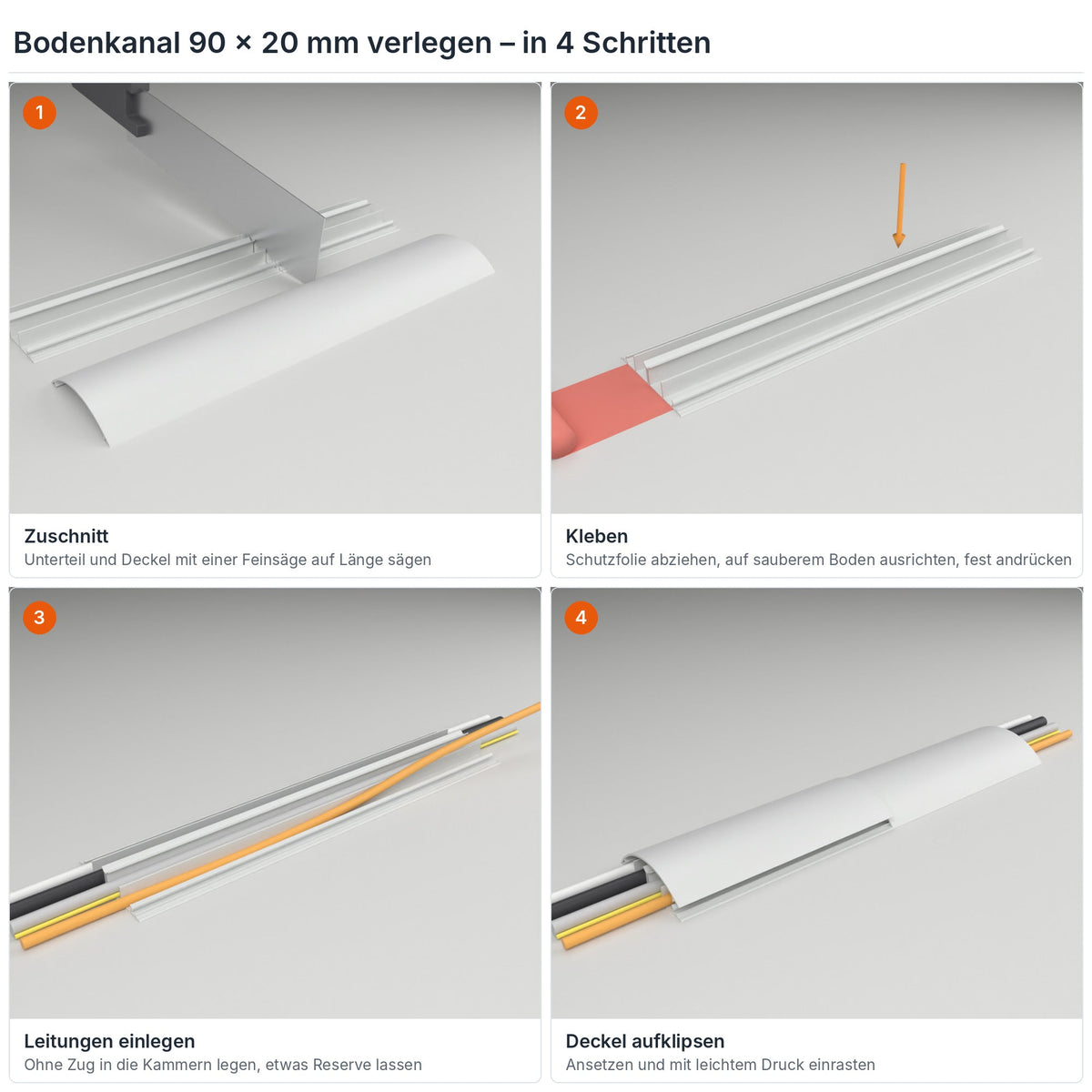 Bodenkanal 90×20 mm Grau verlegen in 4 Schritten: Zuschnitt, Kleben mit dem Klebestreifen, Leitungen einlegen, Deckel aufklipsen – Paket 20 Stangen