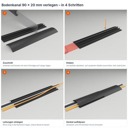 Bodenkanal 90×20 mm Schwarz verlegen in 4 Schritten: Zuschnitt, Kleben mit dem Klebestreifen, Leitungen einlegen, Deckel aufklipsen – Paket 20 Stangen