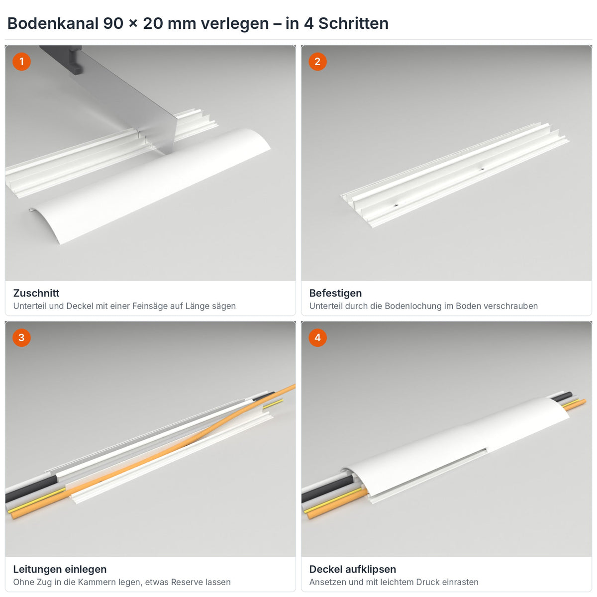 Bodenkanal 90×20 mm Weiß verlegen in 4 Schritten: Zuschnitt, Verschrauben durch die Bodenlochung, Leitungen einlegen, Deckel aufklipsen – Paket 20 Stangen
