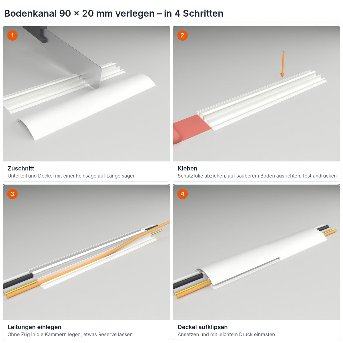 Bodenkanal 90×20 mm Weiß verlegen in 4 Schritten: Zuschnitt, Kleben mit dem Klebestreifen, Leitungen einlegen, Deckel aufklipsen – Paket 20 Stangen