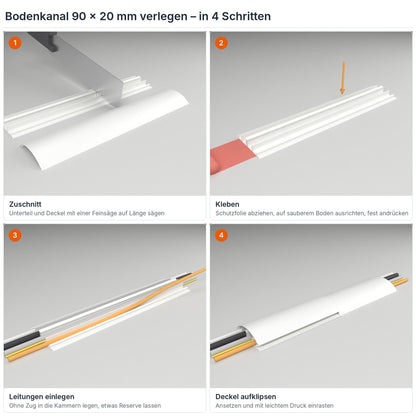 Bodenkanal 90×20 mm Weiß verlegen in 4 Schritten: Zuschnitt, Kleben mit dem Klebestreifen, Leitungen einlegen, Deckel aufklipsen – Paket 20 Stangen