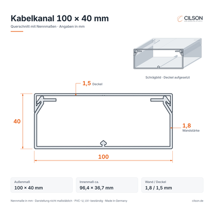 Maßskizze CILSON Kabelkanal 100×40 mm – Querschnitt mit Außenmaß 100 × 40 mm, Innenmaß ca. 96,4 × 36,7 mm, Wandstärke 1,8 mm, Deckel 1,5 mm – Paket 10 Stangen
