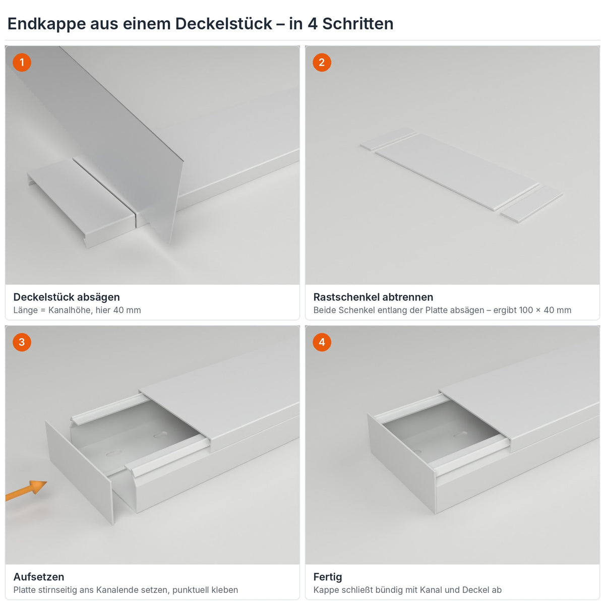Endkappe für Kabelkanal 100×40 mm aus einem Deckelstück selbst herstellen – in 4 Schritten – Paket 10 Stangen