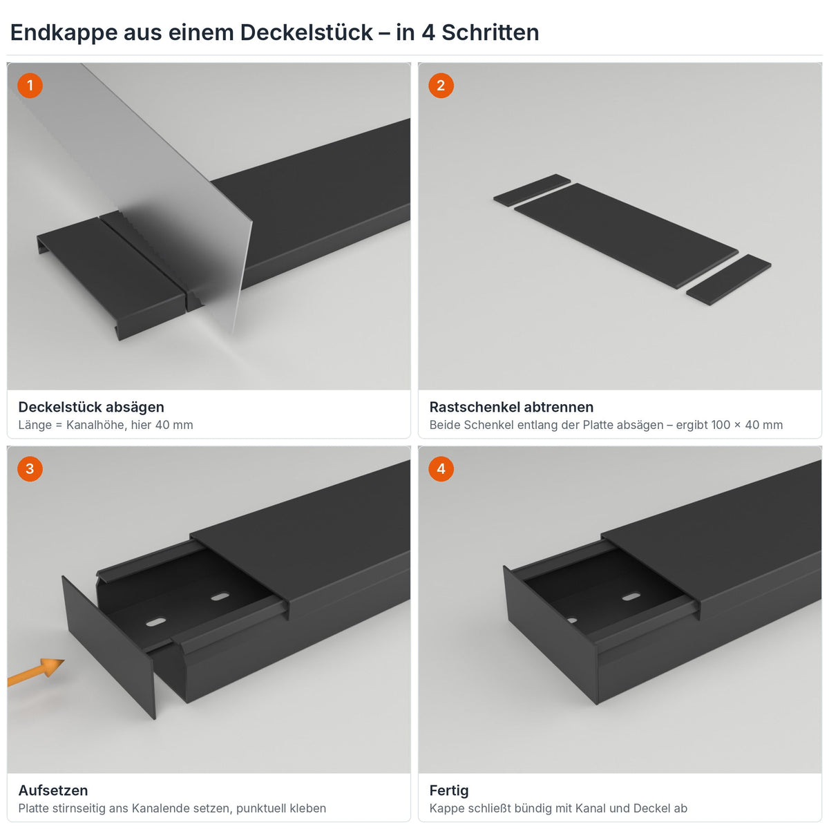 Endkappe für Kabelkanal 100×40 mm aus einem Deckelstück selbst herstellen – in 4 Schritten – Paket 20 Stangen