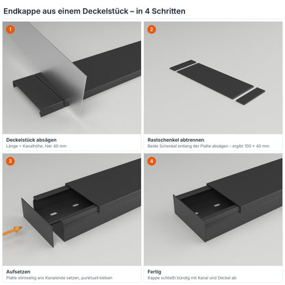 Endkappe für Kabelkanal 100×40 mm aus einem Deckelstück selbst herstellen – in 4 Schritten – Paket 20 Stangen