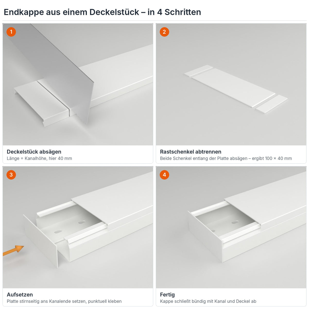 Endkappe für Kabelkanal 100×40 mm aus einem Deckelstück selbst herstellen – in 4 Schritten – Paket 10 Stangen
