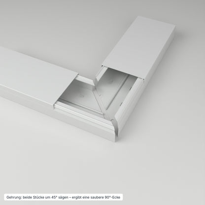 Kabelkanal 100×40 mm Grau – Gehrung: beide Stücke um 45° gesägt ergeben eine saubere 90°-Ecke – Paket 10 Stangen