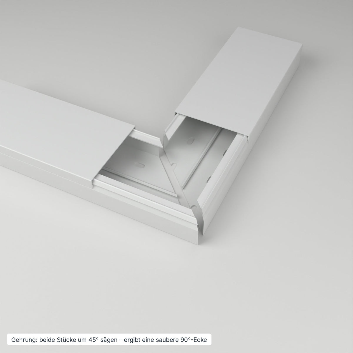 Kabelkanal 100×40 mm Grau – Gehrung: beide Stücke um 45° gesägt ergeben eine saubere 90°-Ecke – Paket 20 Stangen