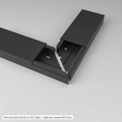 Kabelkanal 100×40 mm Schwarz – Gehrung: beide Stücke um 45° gesägt ergeben eine saubere 90°-Ecke – Paket 20 Stangen
