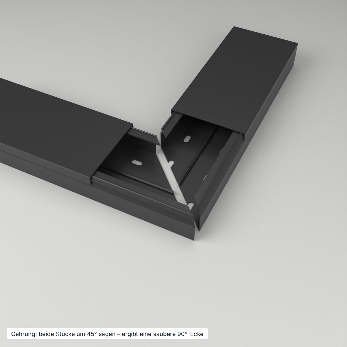 Kabelkanal 100×40 mm Schwarz – Gehrung: beide Stücke um 45° gesägt ergeben eine saubere 90°-Ecke – Paket 10 Stangen