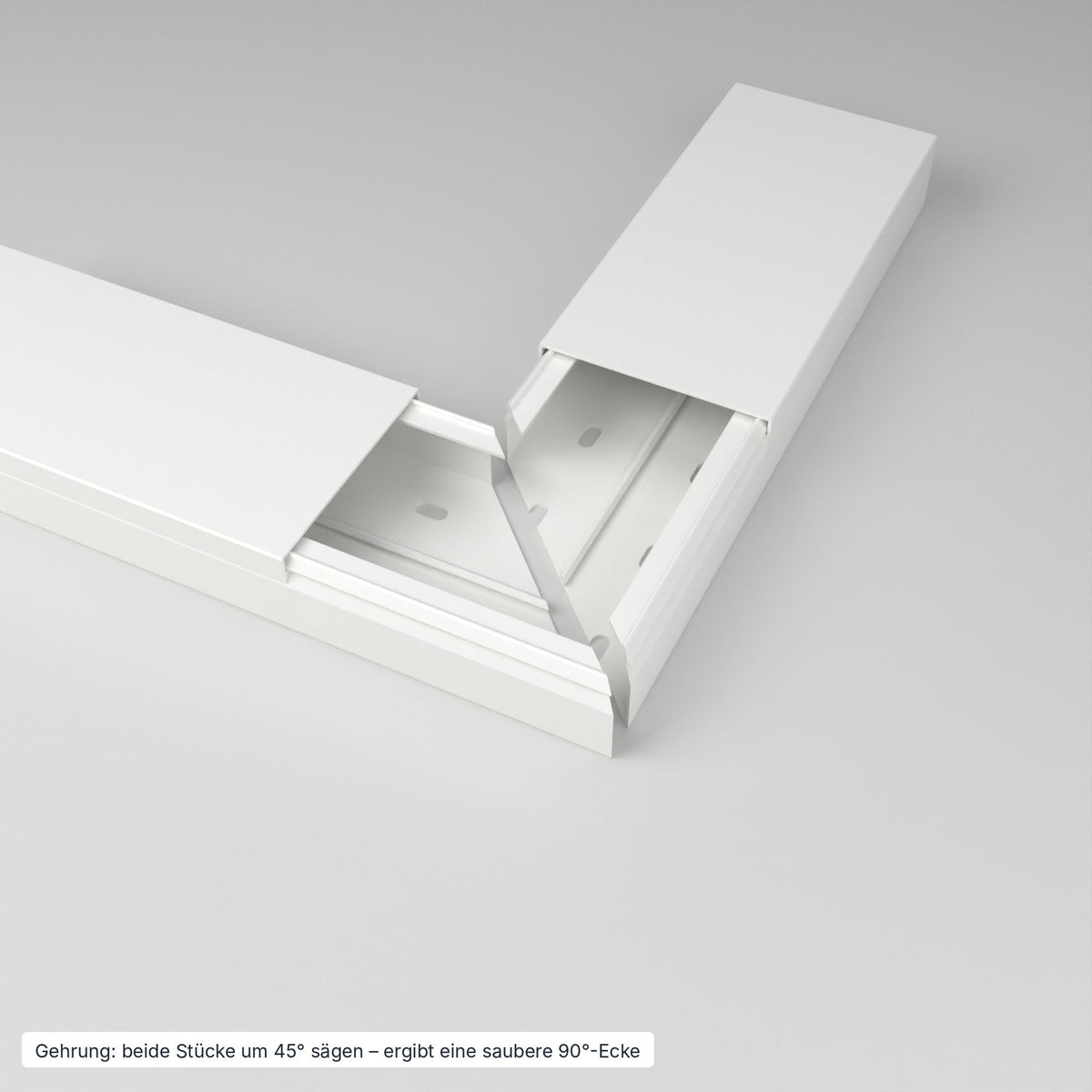 Kabelkanal 100×40 mm Weiß – Gehrung: beide Stücke um 45° gesägt ergeben eine saubere 90°-Ecke – Paket 20 Stangen