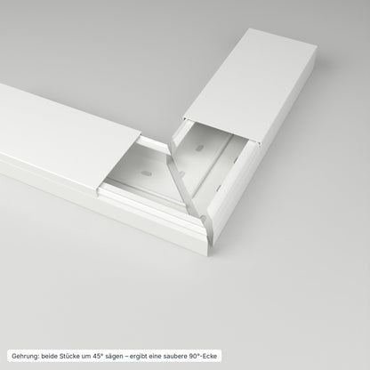 Kabelkanal 100×40 mm Weiß – Gehrung: beide Stücke um 45° gesägt ergeben eine saubere 90°-Ecke – Paket 20 Stangen