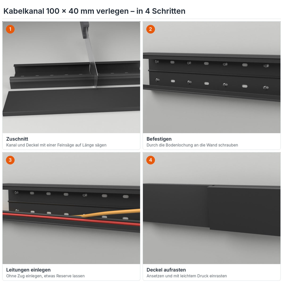 Kabelkanal 100×40 mm verlegen in 4 Schritten: Zuschnitt, Befestigen durch die Bodenlochung, Leitungen einlegen, Deckel aufrasten – Paket 10 Stangen