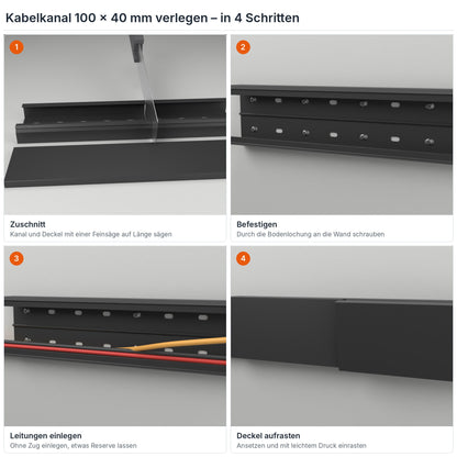 Kabelkanal 100×40 mm verlegen in 4 Schritten: Zuschnitt, Befestigen durch die Bodenlochung, Leitungen einlegen, Deckel aufrasten – Paket 10 Stangen
